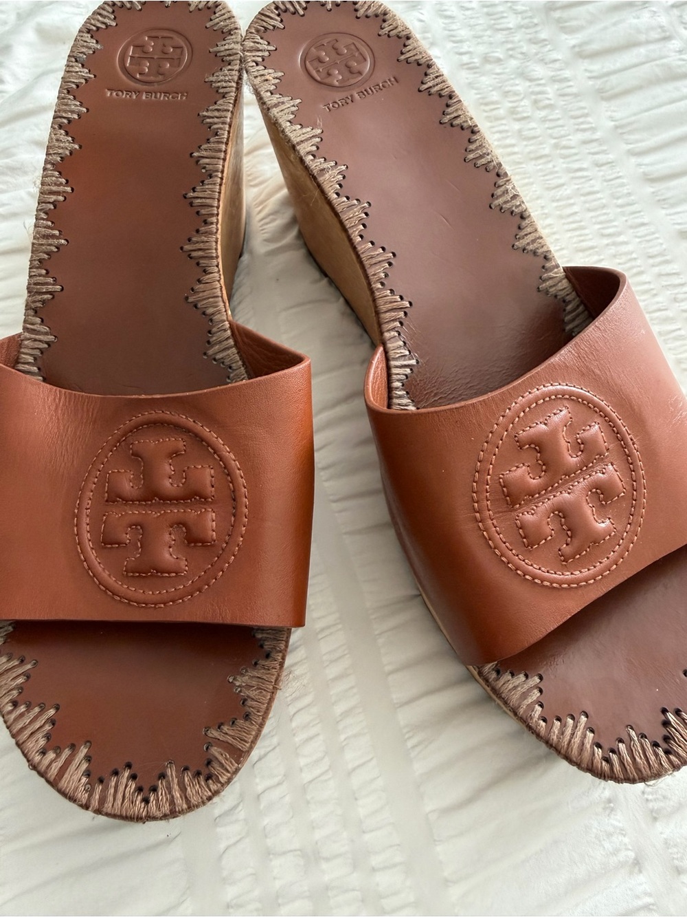 Tory Burch Cognac Leather Wedge Slide Size 9.5 - Picture 3 of 9